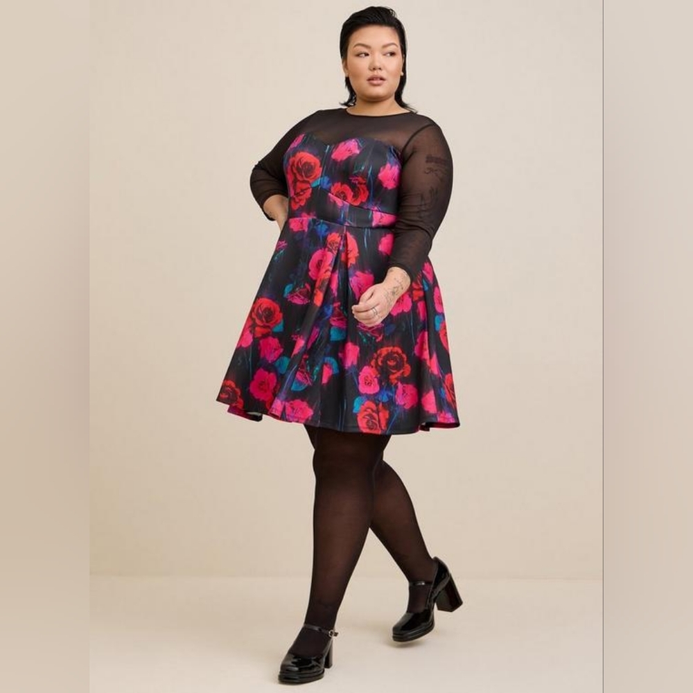 Torrid Black Floral Mini Scuba Illusion Neck Dress Size 2